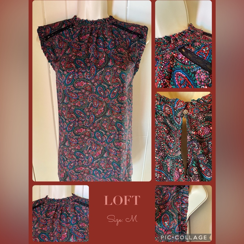 LOFT Paisley Ruffled Collar/sleeve High neck tank, eyelet cutout detail (Size M)